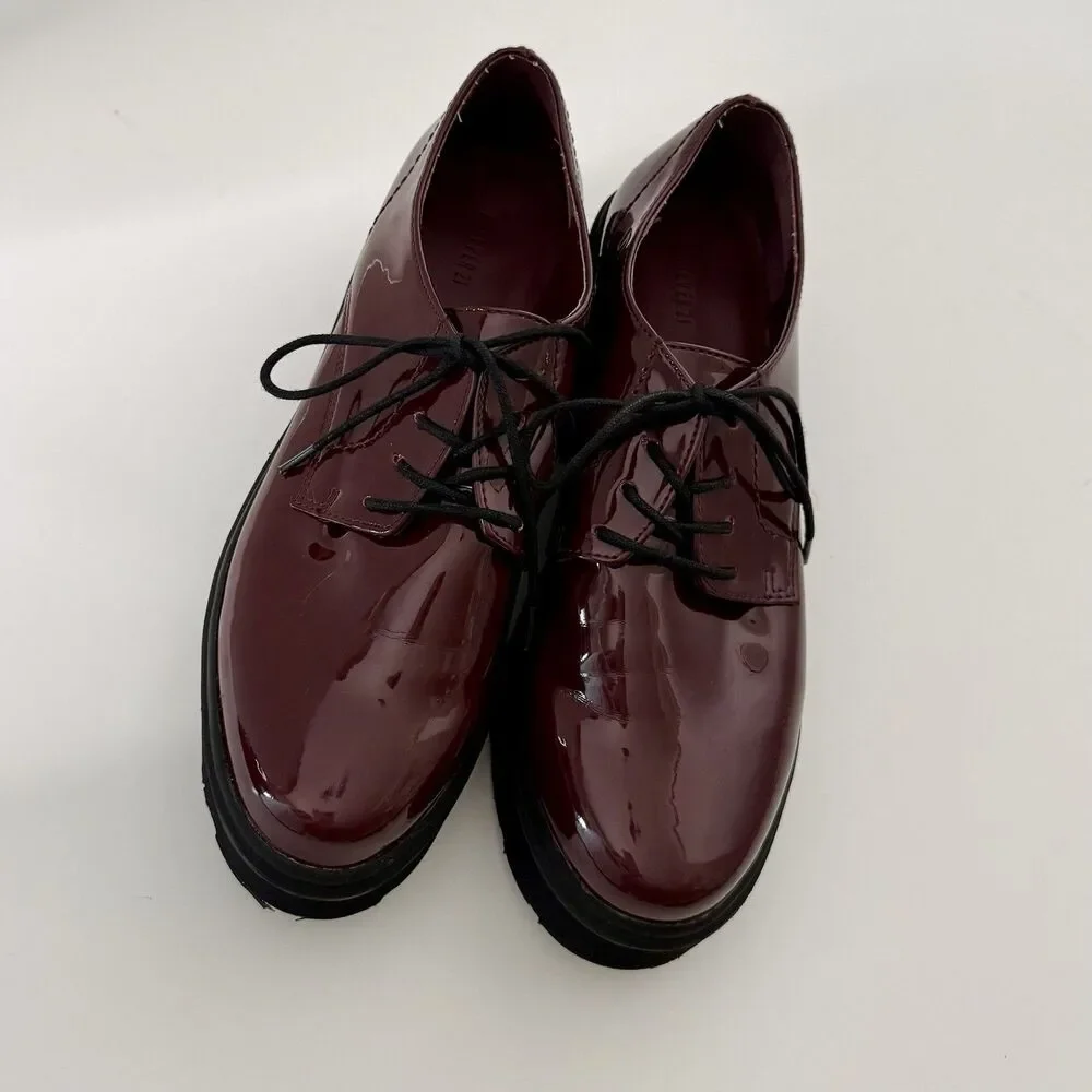 Forever 21 Women Oxford Sz 8 Burgundy Red Faux Patent Leather Lace Chunky Shoes